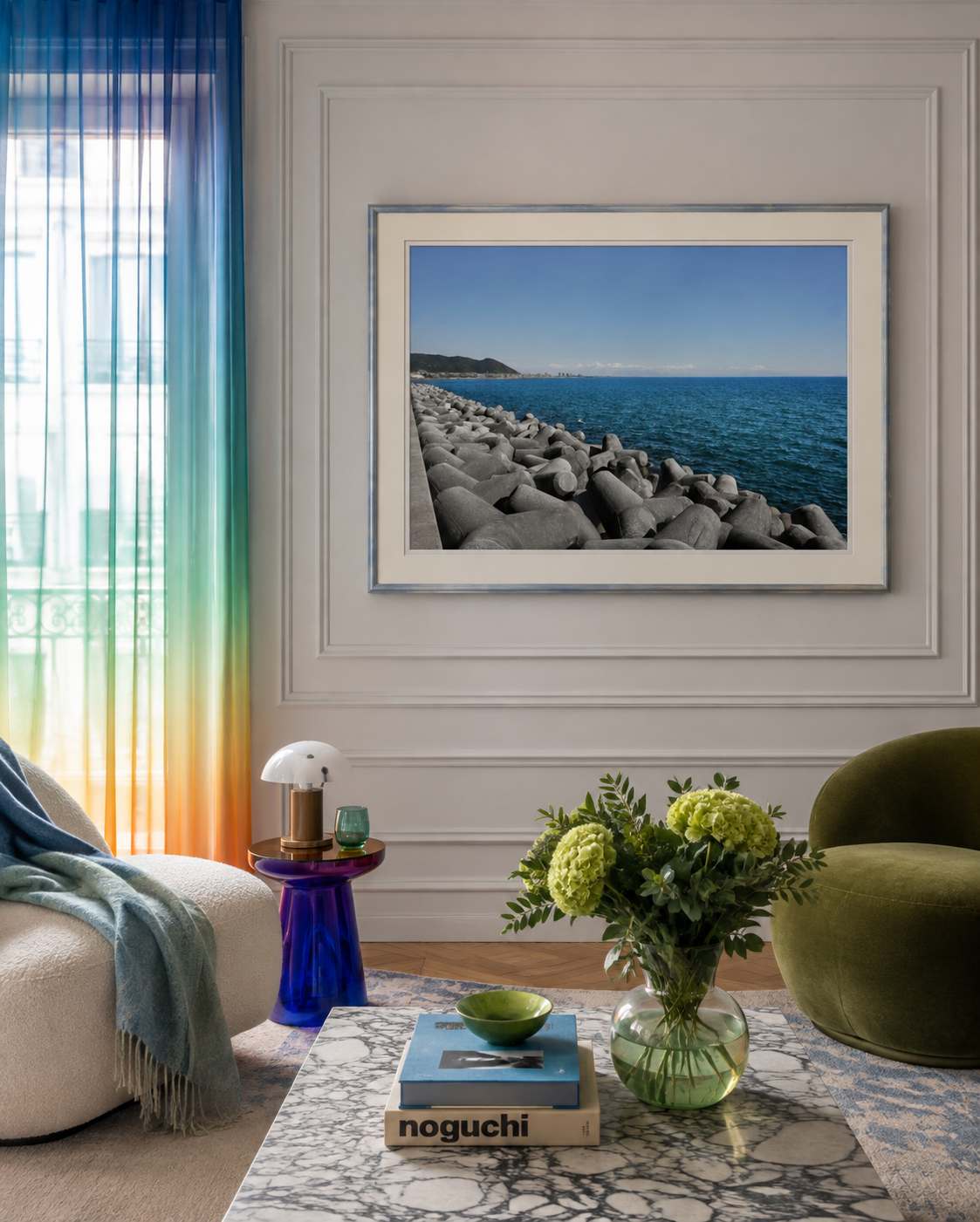 Concrete Horizons, Salerno, framed above a sofa in a softer, colour led living room