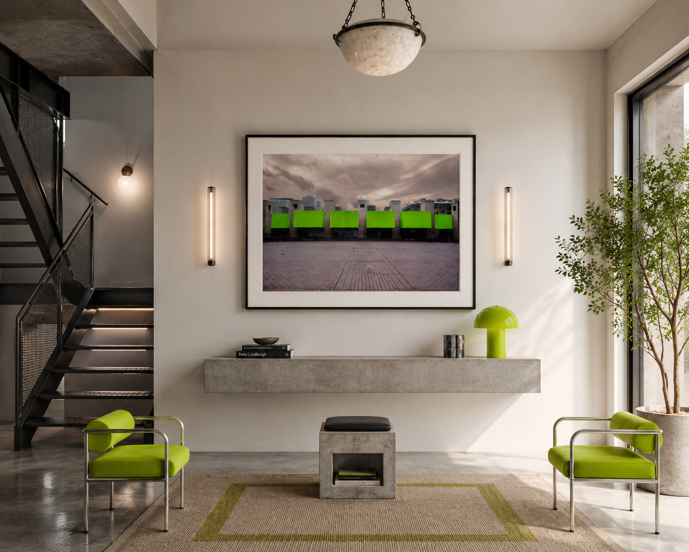 Green on Brutalist, Barbican, framed in black moulding above a concrete console in a raw steel and concrete interior