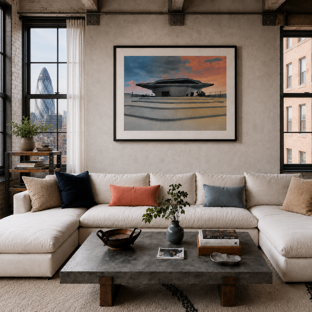Study In Displacement, framed above a sectional sofa in an exposed brick and timber loft, City of London skyline through the window